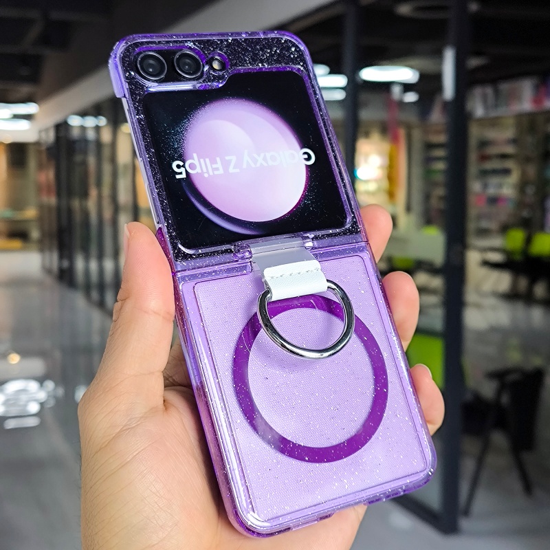 TEMU Phone Case - A Transparent Glitter Ring Holder Case Designed For Z Flip 4 / Z Flip 5 / Z Flip 6 / Z Flip 7 Smartphones