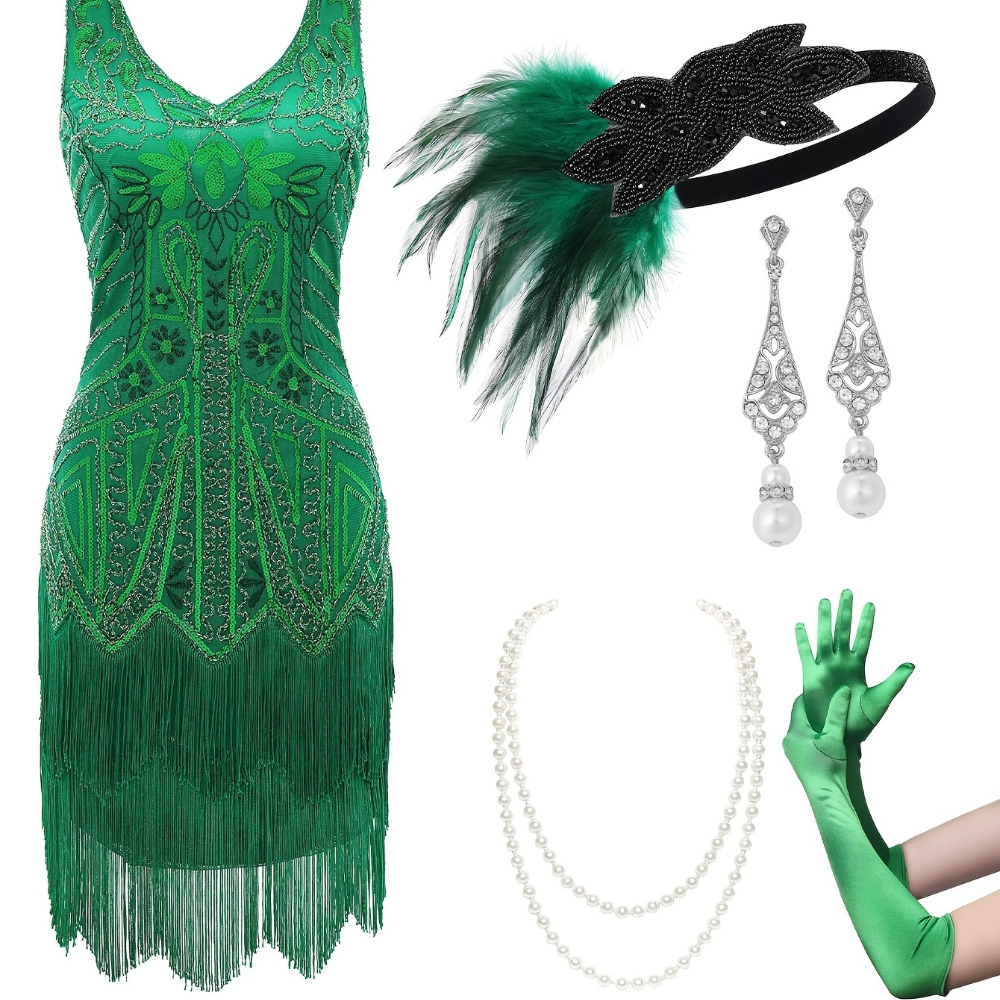     style womens fringed dress set 1920s v neck beaded fringed floral prints and additions