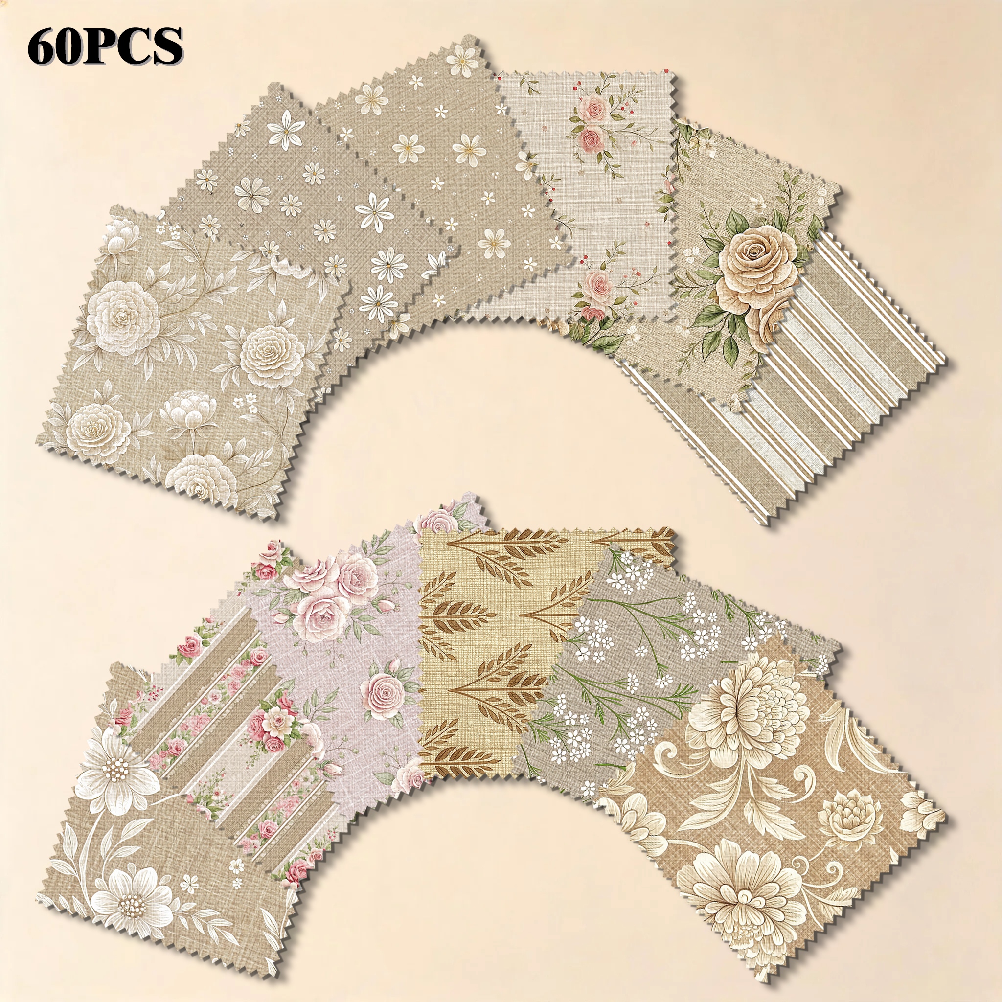 TEMU 60pcs 60pcs 5-inch Pre-cut Fabric Squares Suitable For Beginners Handicrafts With Serrated Edge & Vintage Floral Patterns (rose, Peony, Daisy) -