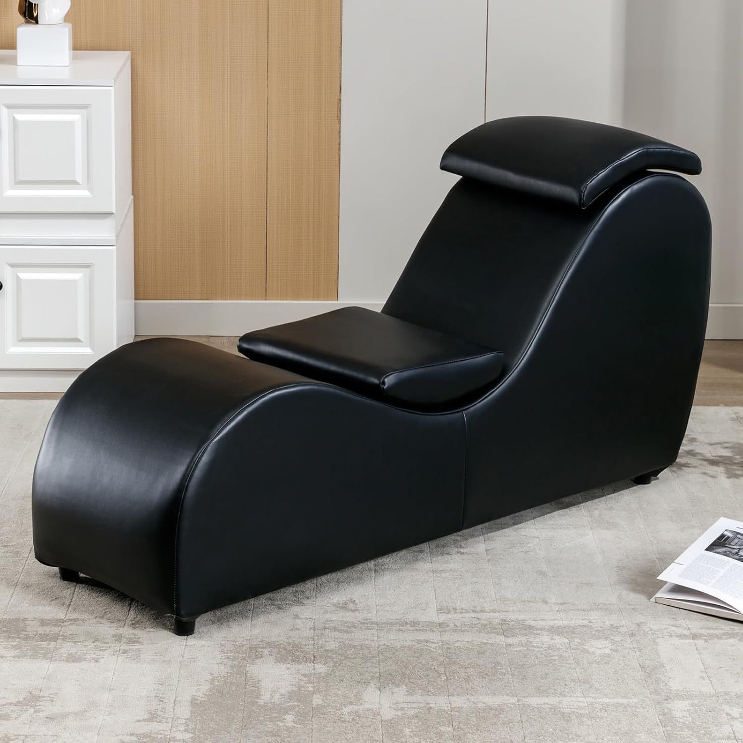 curved chaise lounge chair for yoga stretching relaxation   leather yoga chair w adjustable cushion yoga chaise lounge chair for bedroom living room lounge black