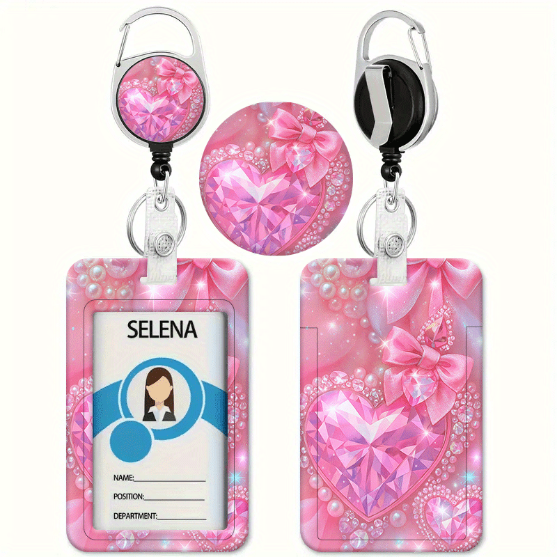 TEMU Porte-cartes rose de cœur avec impression de perles et , porte-badge rétractable - Porte-cartes d'identité et de crédit, cordon de badge robuste