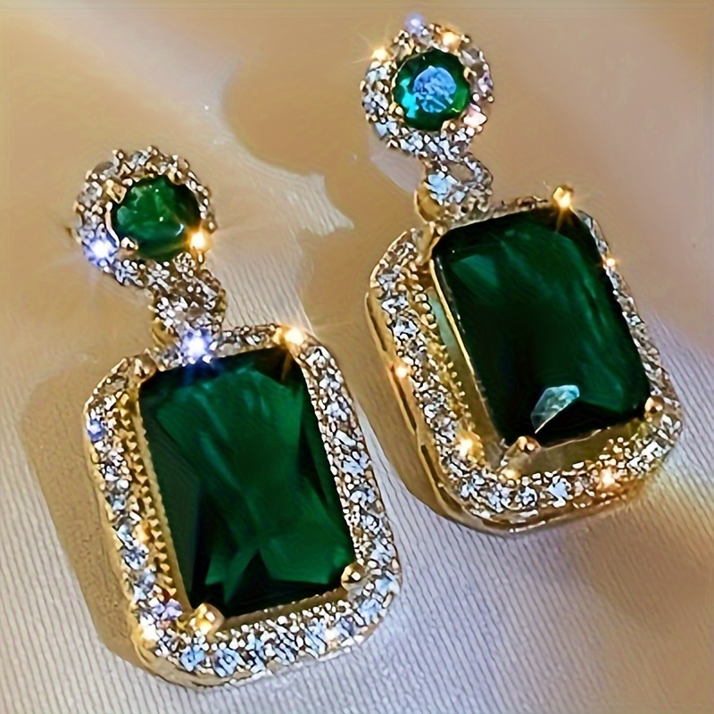 E-shop Luxuriöse elegante grüne blaue Ohrringe mit Tropfenform aus synthetischem Zirkonia im Quadratschliff für Damen, Hochzeitsohrringe, hochwertiger