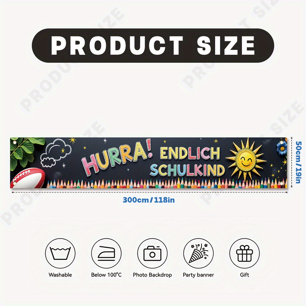 E-shop RIMBOL Deutsches „! Schulkind“ Hintergrundbanner - Schwarz mit buntem Text & Fußballdesign, 300x50cm Polyester, für die Eröffnung des