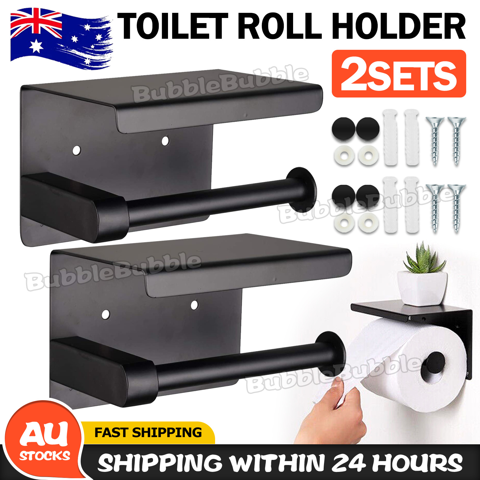 TEMU 2pcs Stainless Steel Toilet Paper Roll Holder | Black, Self-adhesive Wall Hanging, Polished Sus201 Material For Bathroom And Washroom