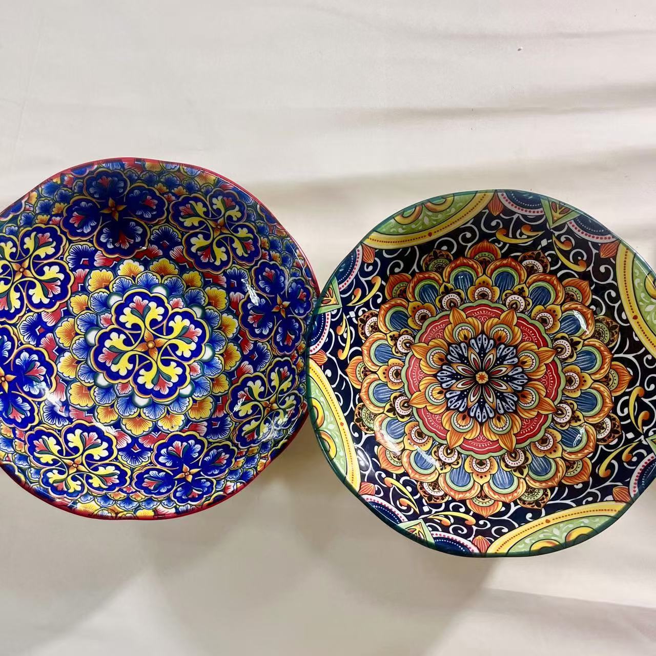 Image of Bohemian Style Large Serving Bowls, 9 Inch Fruit Salad Bowls, Decorative Serving Dishes For Entertaining, Pasta Bowls Set Of 2, Vibrant Colorful Soup Bowls For Party