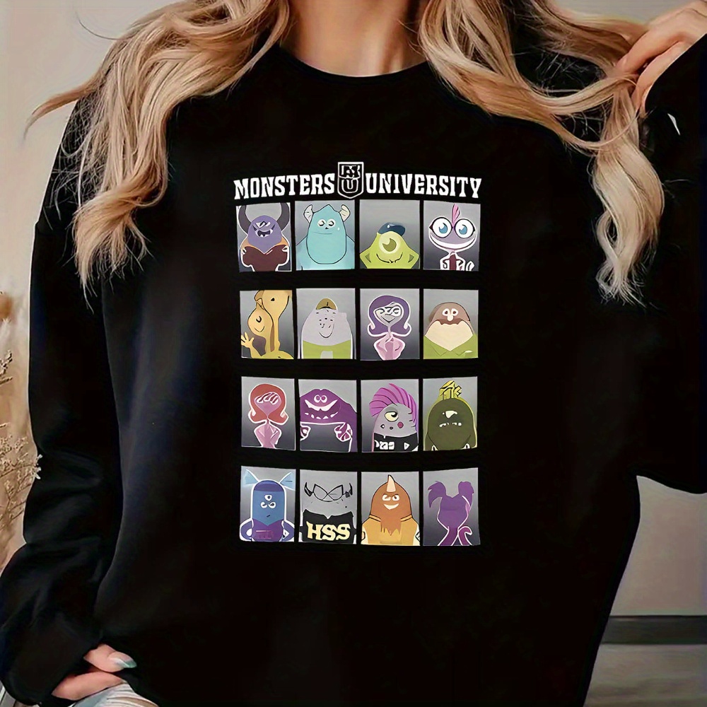 

Women's "monsters University" Graphic Sweatshirt - Trendy Black Crew Neck Pullover With Cartoon Monster Characters, Casual Long Sleeve, Fall & Winter