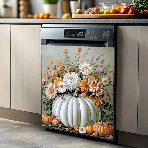 item picture 2d flat 1pc autumn pumpkin flower dishwasher door cover sticker autumn winter themed home decor universal for machine refrigerator door halloween themed pattern seasonal home decor sticker 2d flat