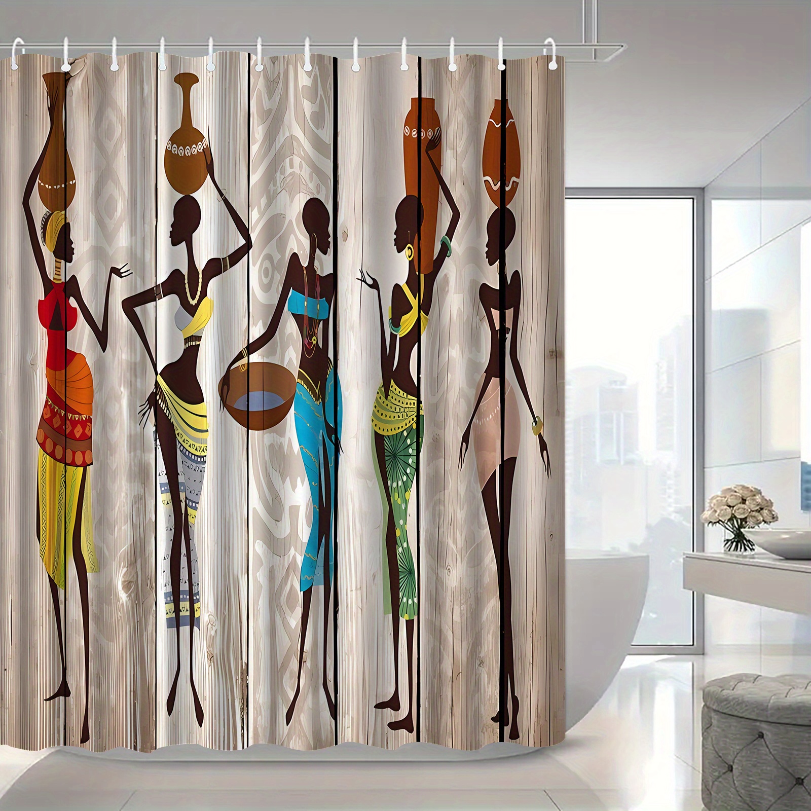 TEMU 1 rideau de douche imprimé motif style africain grain de bois, rideau de salle de bain élégant haut de gamme facile à installer, convient à la