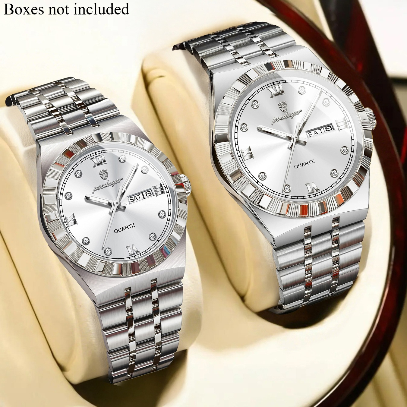 Image of 2pcs --- Poedagar New High End Couple Set Watch Calendar Stainless Steel Quartz Watch Fashionable And Elegant Women's Watch Watch Suitable For Daily Matching Romantic Gifts