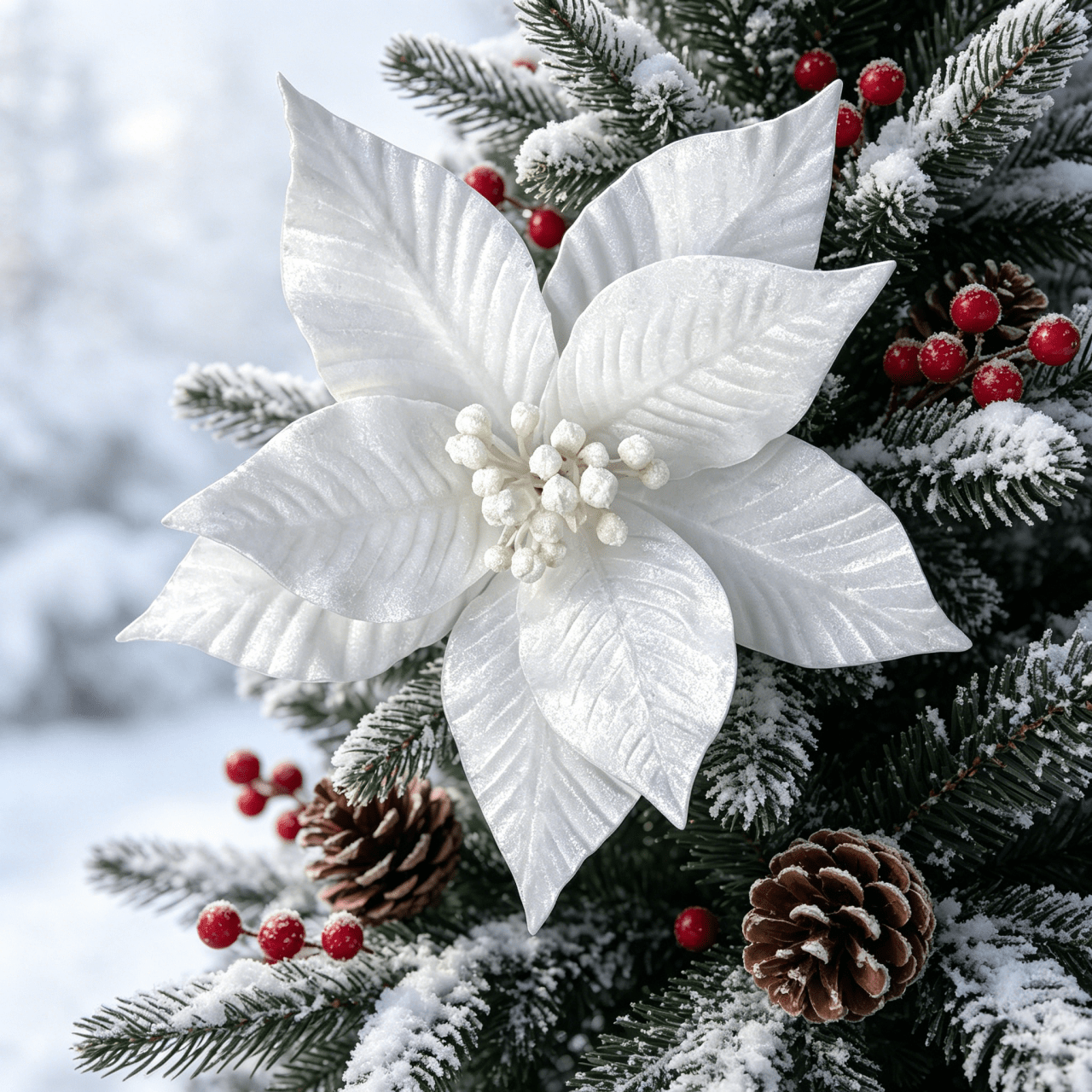 TEMU White Artificial Poinsettia, Christmas Decoration Faux Flower, Flannel Texture, Versatile For Various Scenes: Christmas Tree / Tabletop / Party