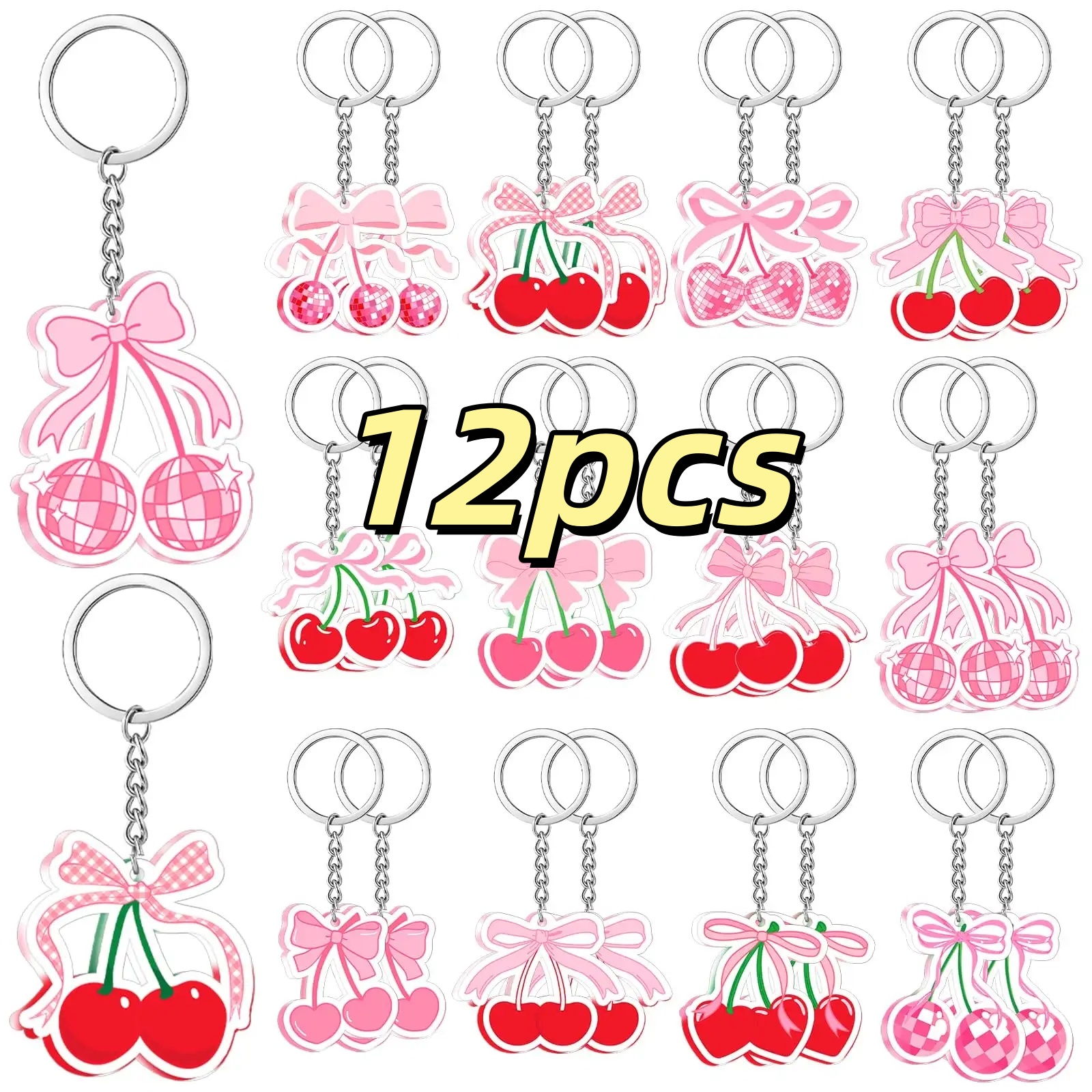 TEMU Gift For Her/him 12 Cherry Keychains - Pink And Red Acrylic Party Favors With Golden Metal Rings, Stylish Decorations For Weddings, Birthdays,