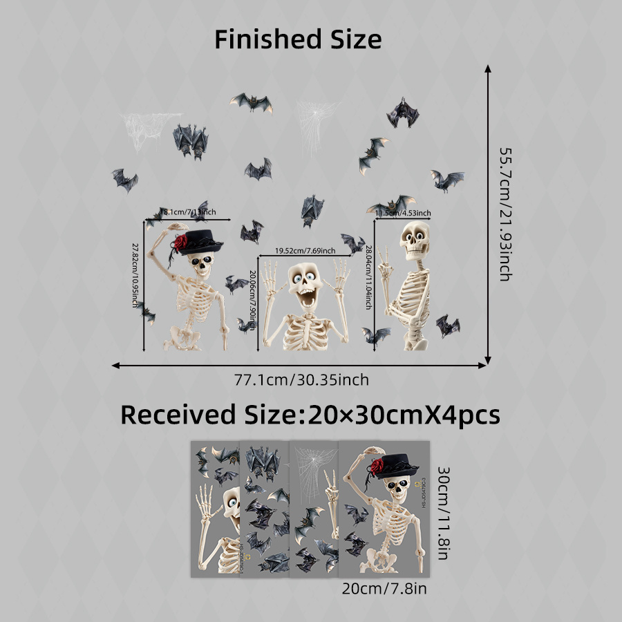 Image of 4pcs Halloween Window Decals Skeleton Stickers Bat Wall Decor Reusable Static Cling Decorations For Home Party Indoor Outdoor Haunted House Festival Supplies
