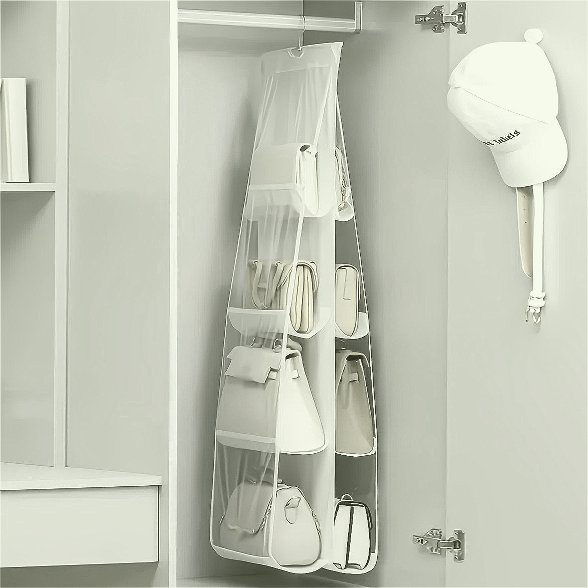   white 6 8 compartments multi layer hanging bag organizer space saving closet storage dustproof handbag clip convenient hanging design for womens fashion additions suitable for closet storage toy storage home storage