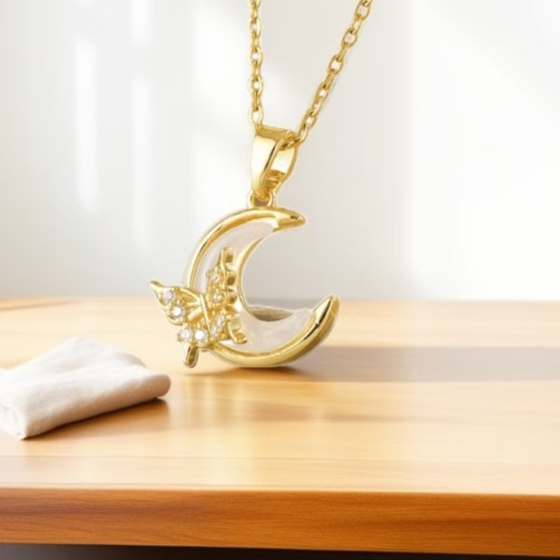 Women's Vintage Moon Butterfly Cubic Zirconia Pendant Necklace