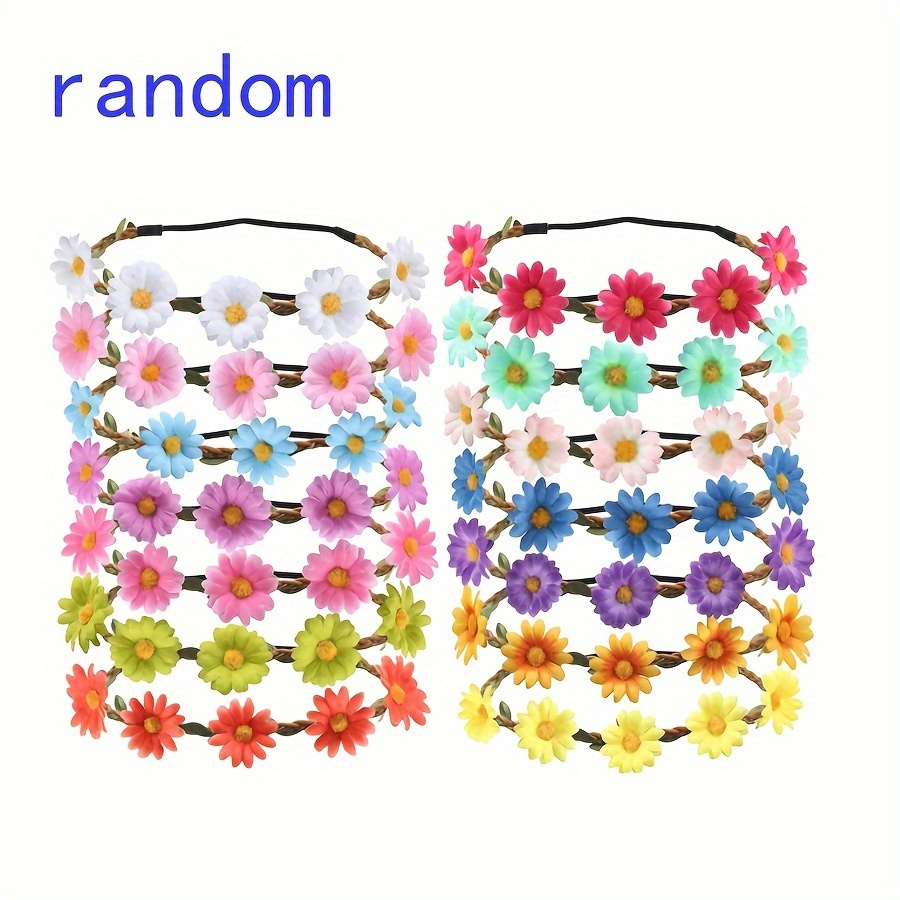 TEMU [boho Daisy Headbands] 10pcs Random Color Boho Daisy Stretchy Headbands - Vibrant Floral, Comfortable Durable Flower Crown Hair Accessories For