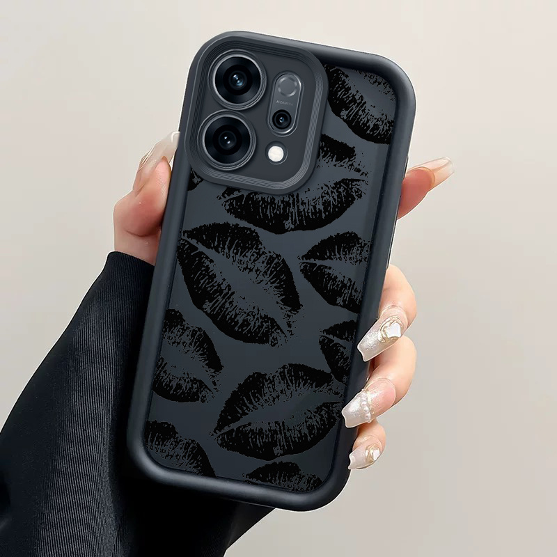 TEMU Phone Case: Black Lips Kiss Print Phone Case Suitable For Oppo Reno14 Soft Tpu Casing Protective Back Cover, Christmas Gifts, New Year's Gift,