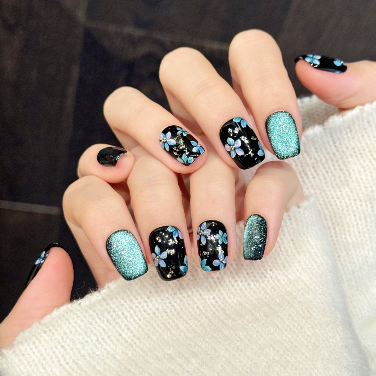TEMU Ensemble d'ongles à main Pure 3325# Fleur d'étoile bleu foncé, décoration de fleur œil de main, faux ongles à presser, pièces d'art d'ongle