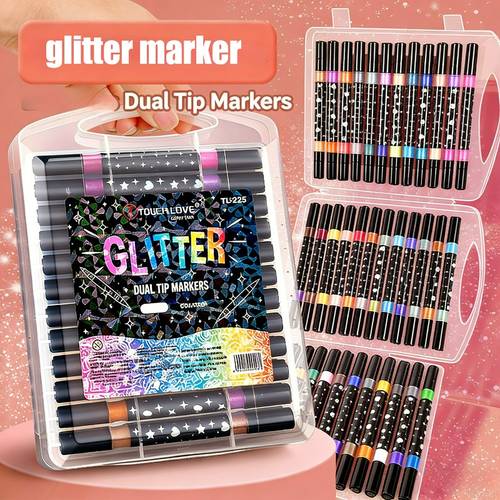 12pcs 24 nibs random double head glitter pen set glitter marker quick drying like ink fine tip to suitable for scrapbooks card making diaries painting glitter marker pen set suitable for artists and supplies