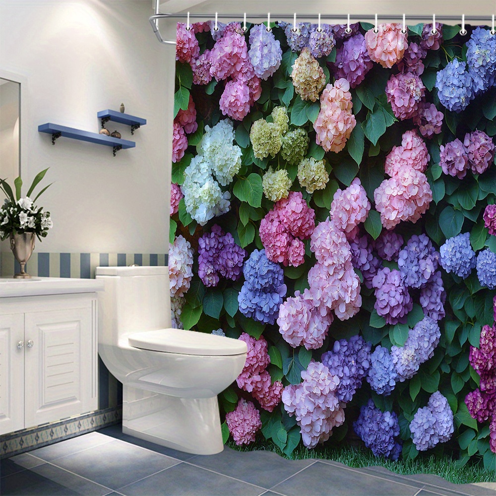 TEMU 1pc Hydrangea Garden Shower Curtain, Polyester Fabric, Pink, Purple, Blue, And White , Dense Floral Display With Green Foliage, Spring Bathroom