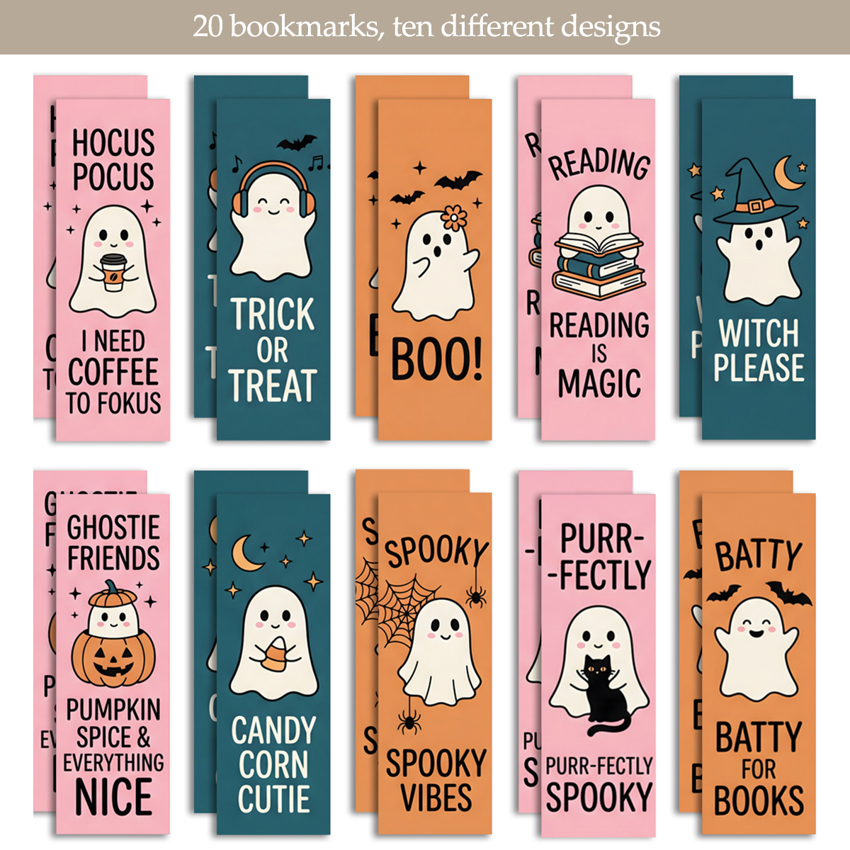 TEMU 20 marque-pages d'Halloween mignons et minimalistes, fond rétro de couleur unie avec chauves-souris, toiles d'araignée, citrouilles et slogans