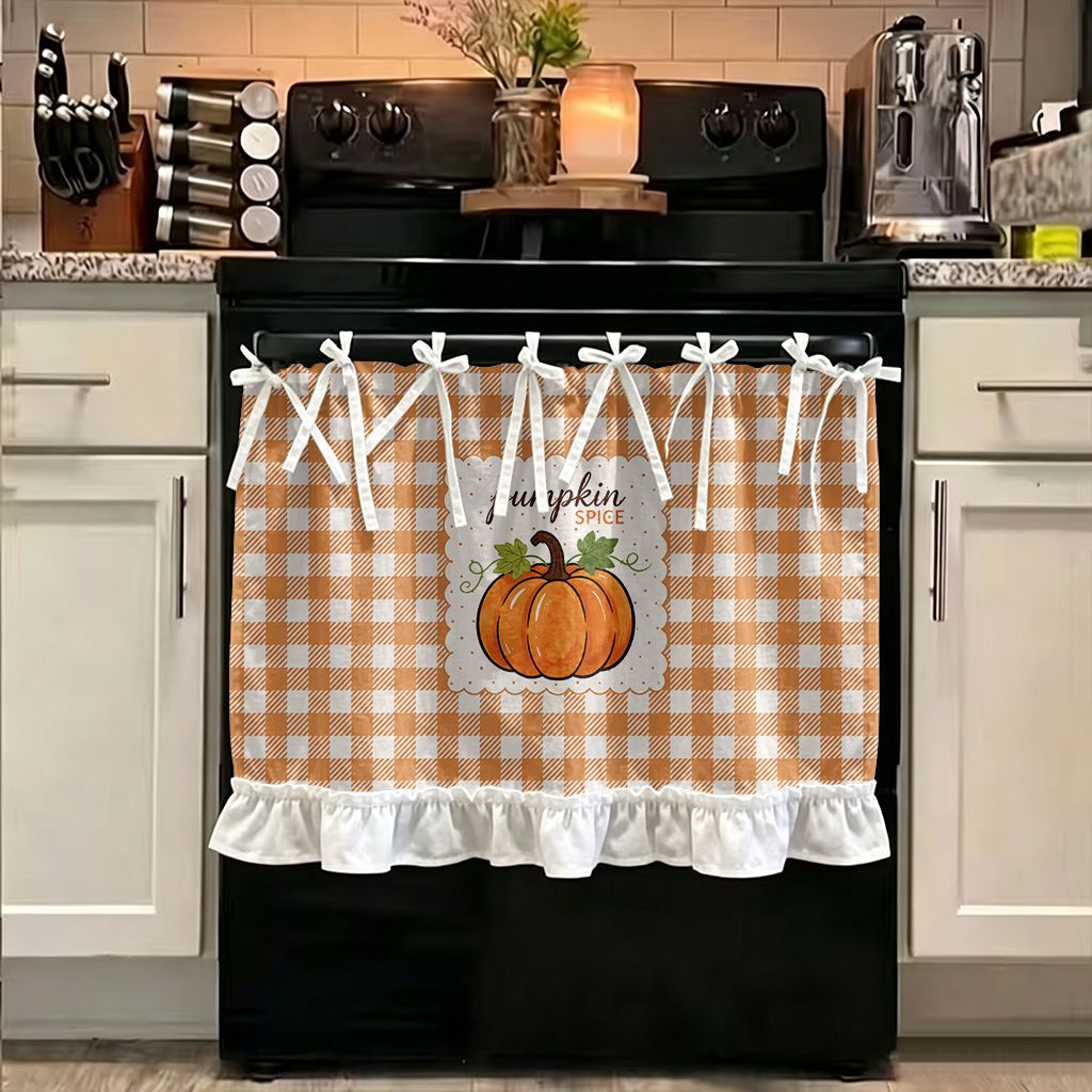TEMU Housse de rideau 2D plate, 1 pièce, vichy rétro à motif d'épices à la citrouille pour four et cuisinière - Appareil de cuisine suspendu avec