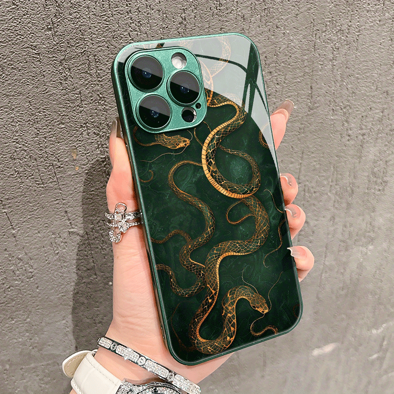 TEMU Phone Case - Retro Green Snake Pattern Tempered Glass Phone Case For Iphone 16/16pro/16promax/16plus/15/15plus/15pro/15promax,