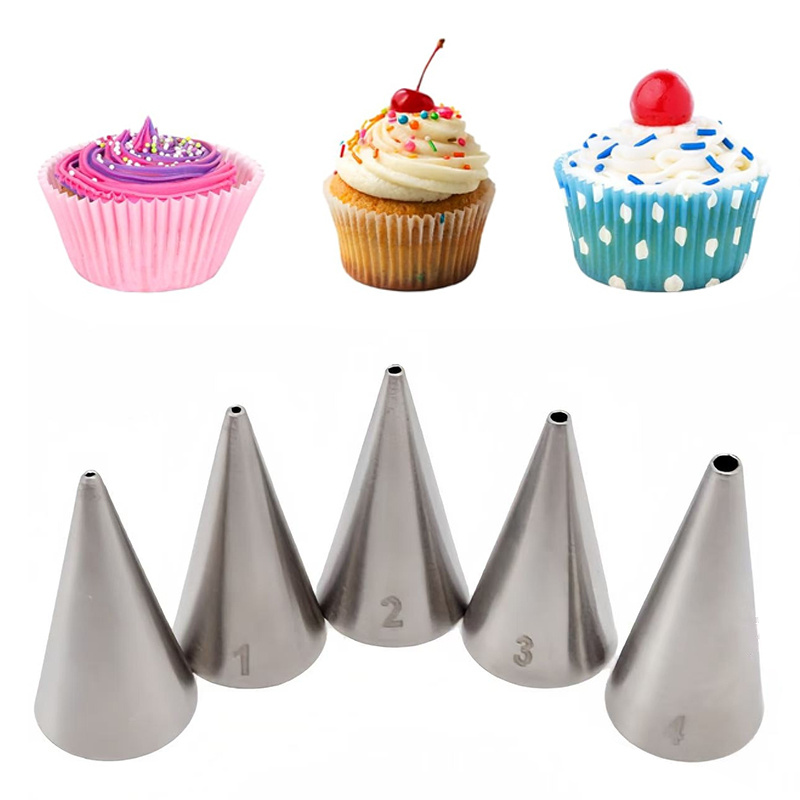 E-shop Set mit 5 runden Schlauchspitzen, Kuchendekorations-Set, Edelstahl-Spritzdüsen, geeignet für Sahne-Spritzcreme, Geburtstagskuchen, Cupcakes und