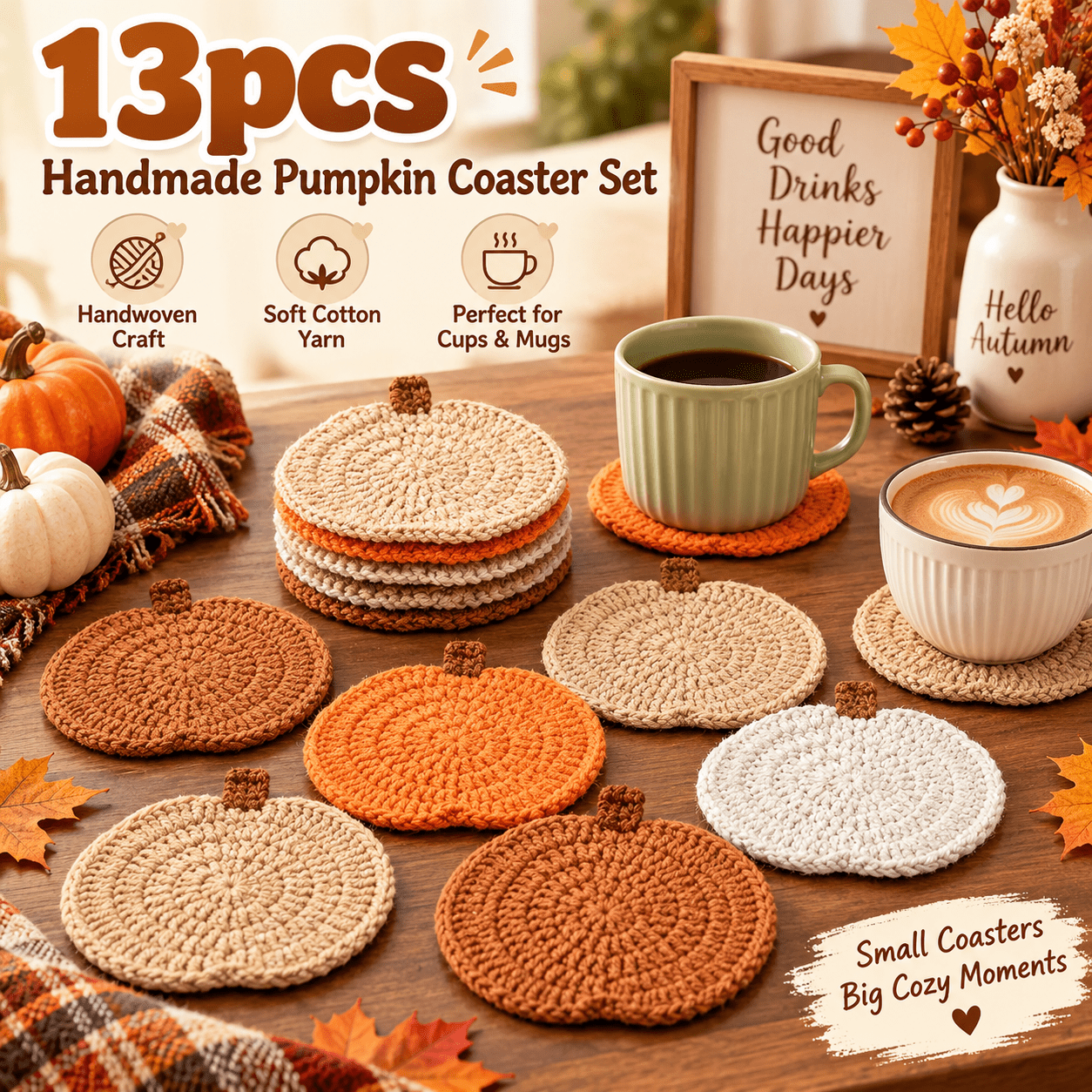TEMU 13 Sets Of Handcrafted Crochet Pumpkin Coasters, Heat-absorbing And Heat-resistant Beverage Pads In Random Colors, Autumn Table Mats, Halloween