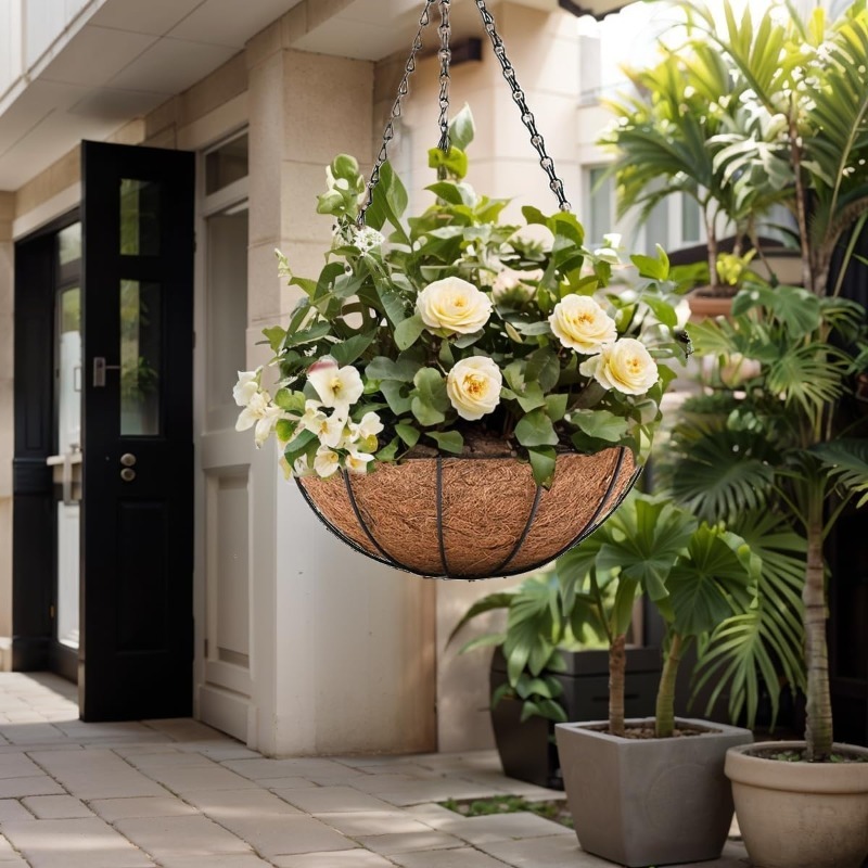 2pcs hanging baskets for outdoor plants 10 inch outdoor hanging planters metal wire baskets with liner hanging pots for indoor plants flower pots for railings plant tool