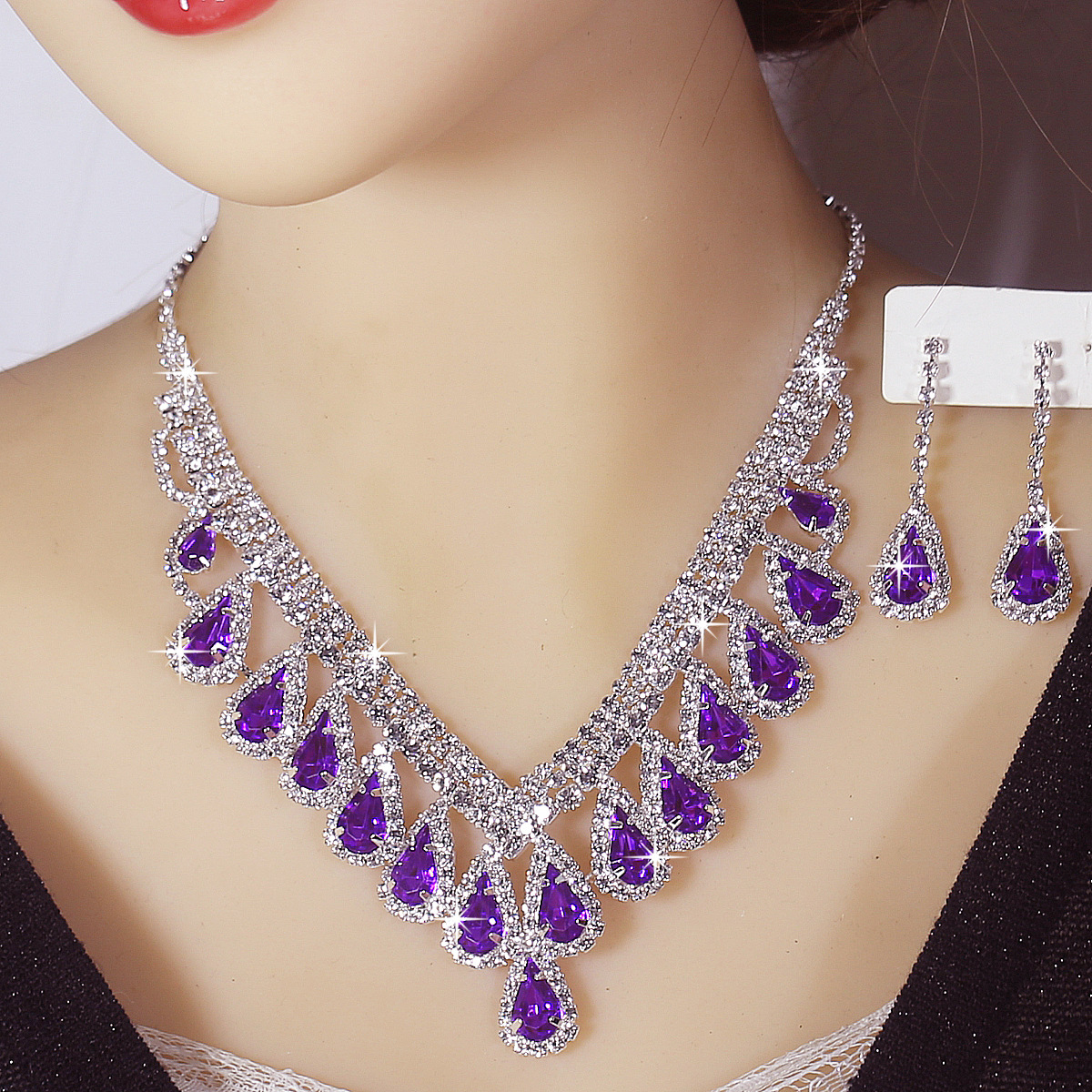 TEMU 2026 New Women's Rhinestone Necklace And Earrings 2pcs Set, Bridal Gown Accessories, Light Luxury Exquisite Necklace, High-end European And