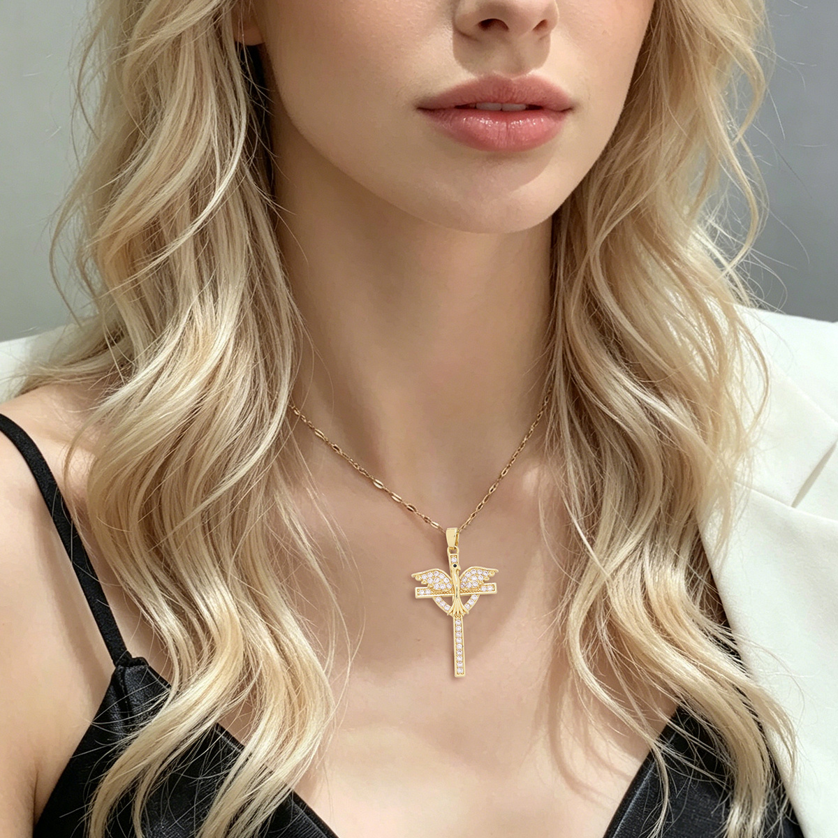 Women's Classic 18K Golden Plated Cross Necklace with Zirconia