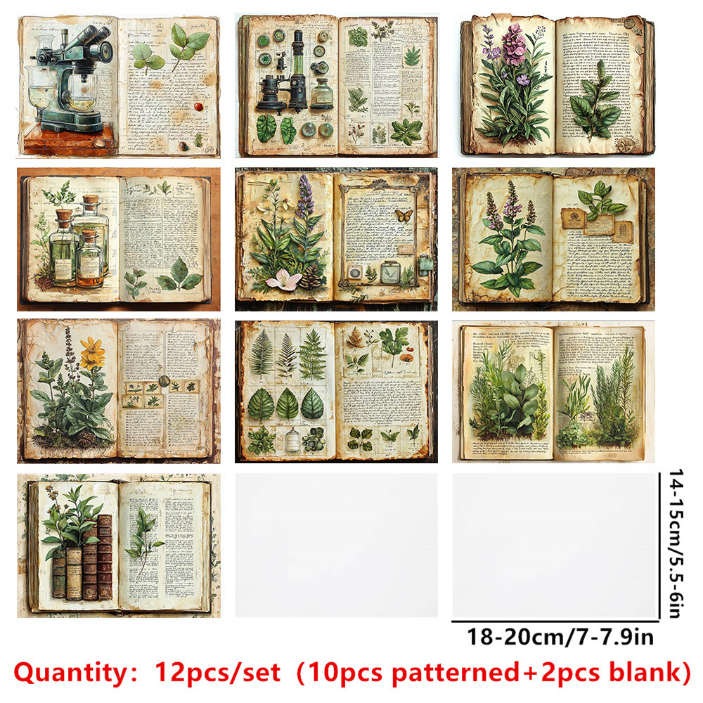 E-shop 12-teiliges Set aus transluzentem Premium-Sulfatpapier für Scrapbooking, Dekorationspapier mit Vintage-Text botanischen Motiven, Buchserie