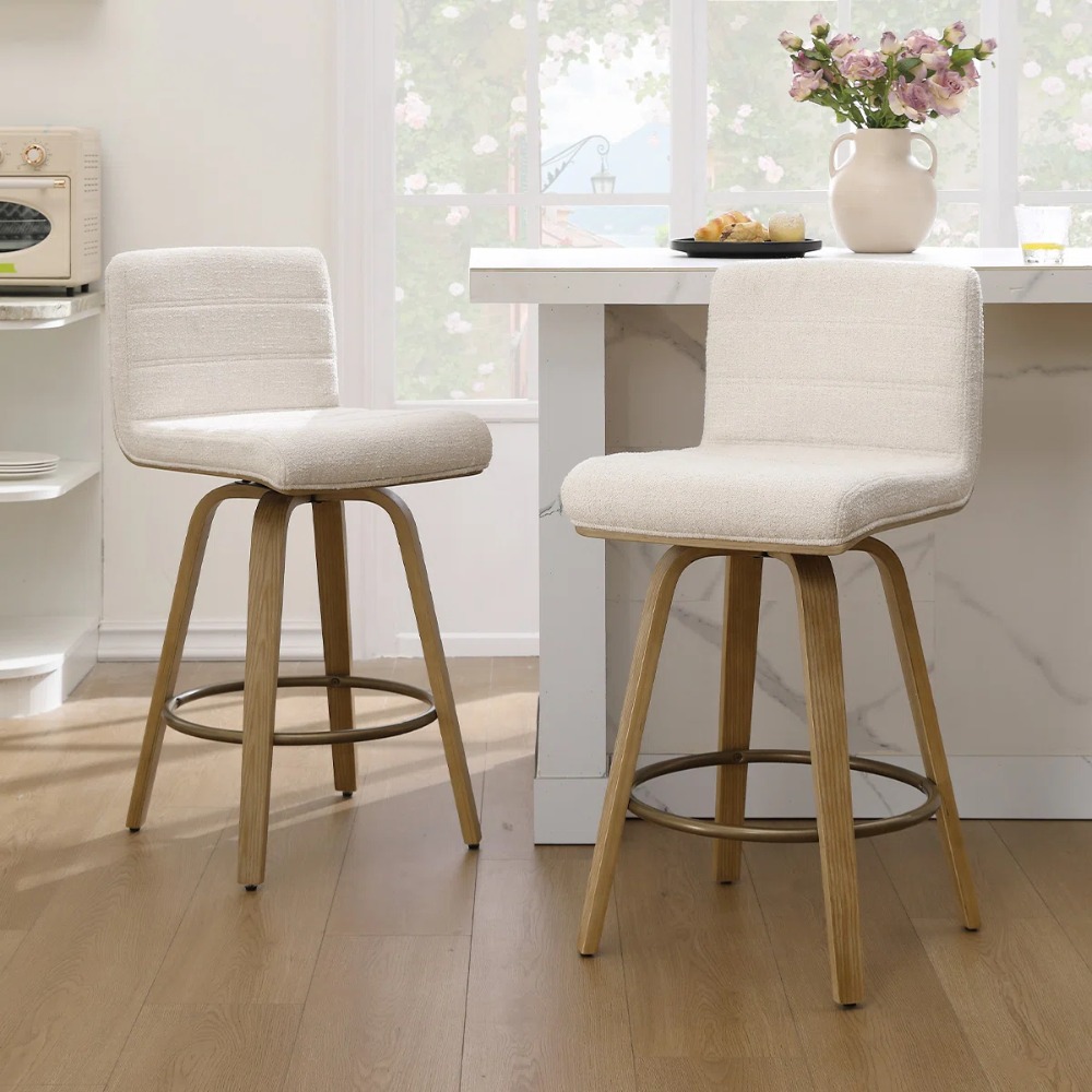 Pair of Contemporary Bar Stools Featuring Backs, Rotating Counter-Height Design, Upholstered Fabric for Kitchen Islands, Sturdy Wooden Legs, Ideal for Home Kitchens And Pubs