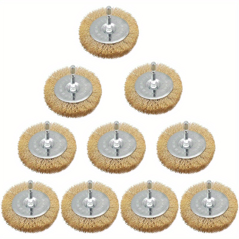 E-shop 10er-Set Messingbeschichtete Radbürsten für Bohrmaschinen mit 1/4-Zoll-Schaft, 0,13-mm-Messingdrahtbürste zur schnellen Entfernung von Rost,
