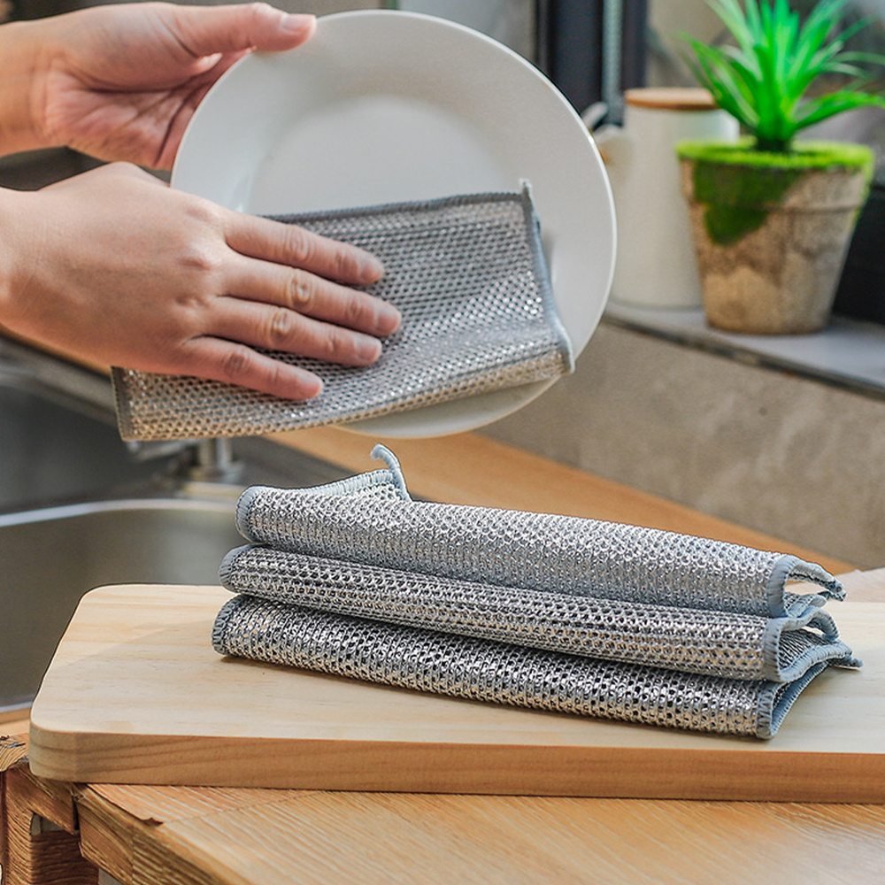   pack stainless steel double layer wire dishcloths non scratch non stick   multi use kitchen cleaning cloths for stove pots range hood versatile mesh scrubbers for dishes bathroom glass   living room furniture carpet no electricity needed details 0