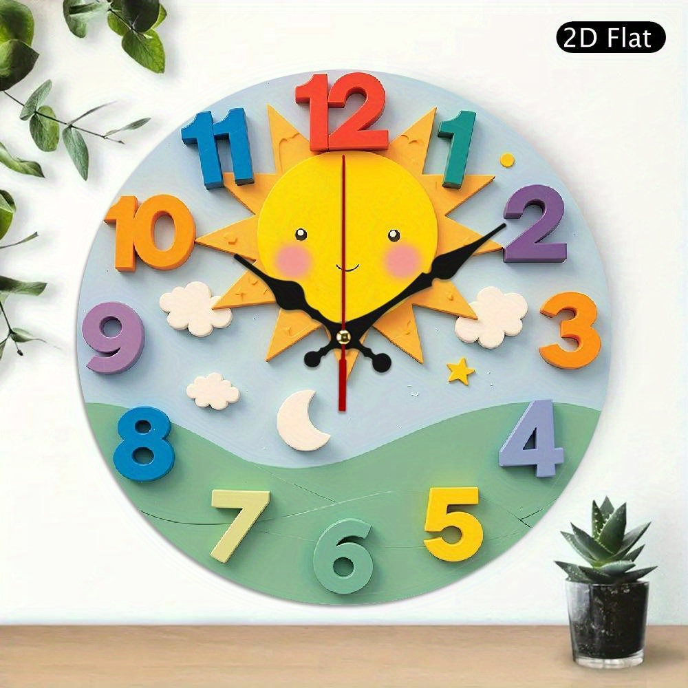 TEMU 2d Flat 1pc Cartoon Sun Clock Silent Non-ticking Educational Theme, Round Wooden Fiberboard With Colorful Numbers And Shapes, Battery Operated