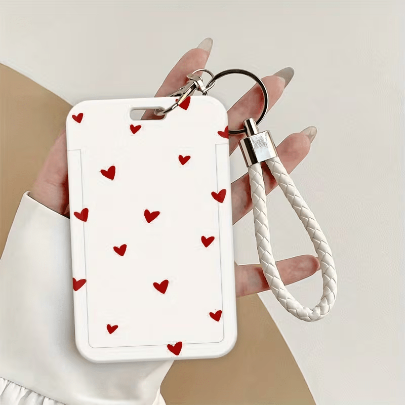 TEMU 2d [2d Flat] Red Small Heart Pattern - Durable Lanyard Id Card Holder - Multi-functional Card Protector, Photo Card Case, , Suitable For Bus