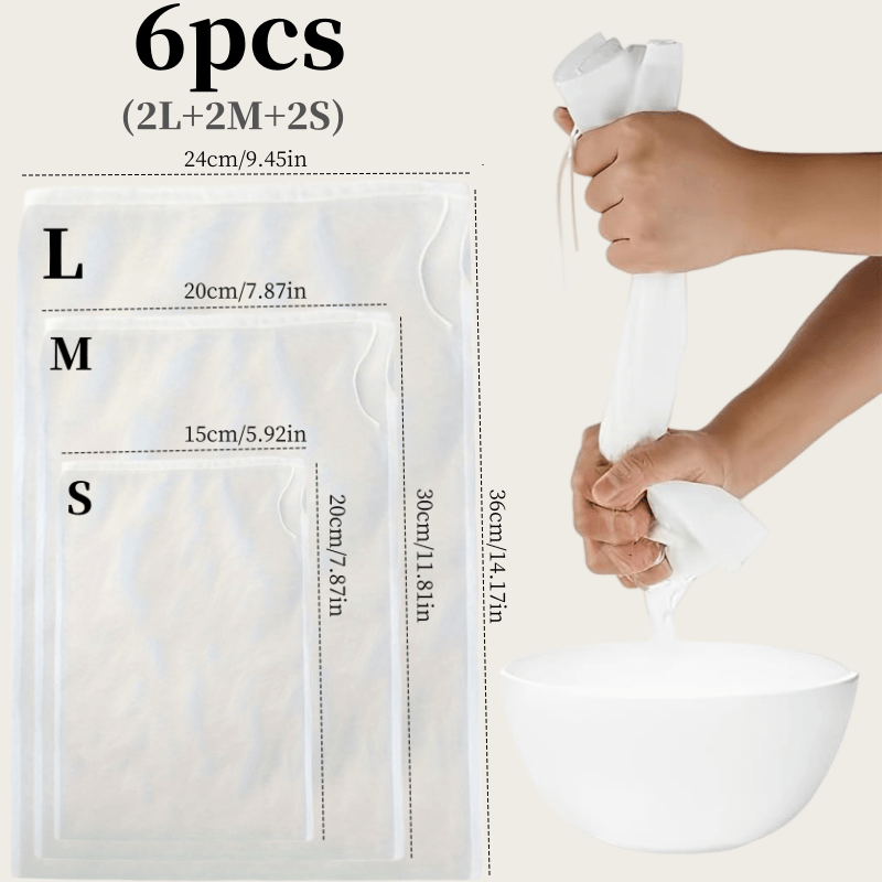 TEMU 6 sacs filtrants réutilisables - 3 tailles, 500 , de cuisine - pour filtrer, cuisiner, pâtisser, du yaourt, du jus, filtrer le vin et du fromage
