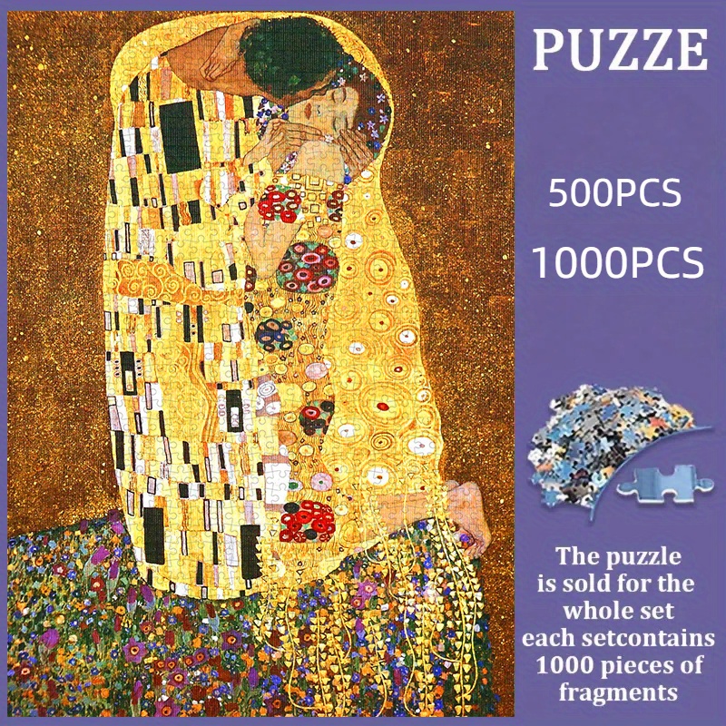 TEMU ## 500/1000pcs Puzzle, Diy Paper Puzzle, Klimt Kiss Canvas Reproduction, Adult Puzzle, Suitable For Jigsaw, Couples' Relationship Puzzle,
