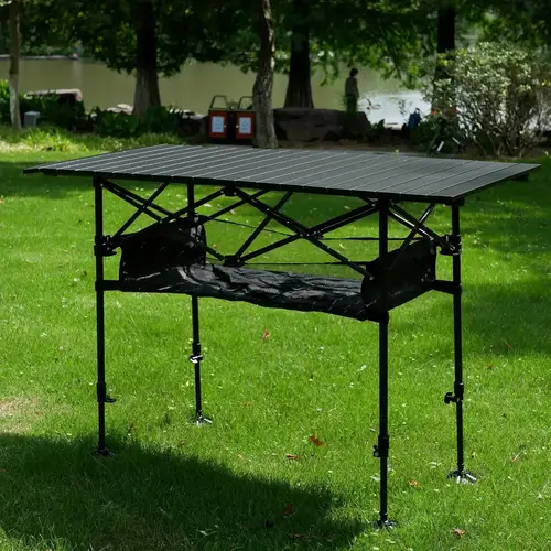adjustable height camping table folding portable outdoor table with large storage organizer and carrying bags lightweight collapsible picnic table bbq garden backyard