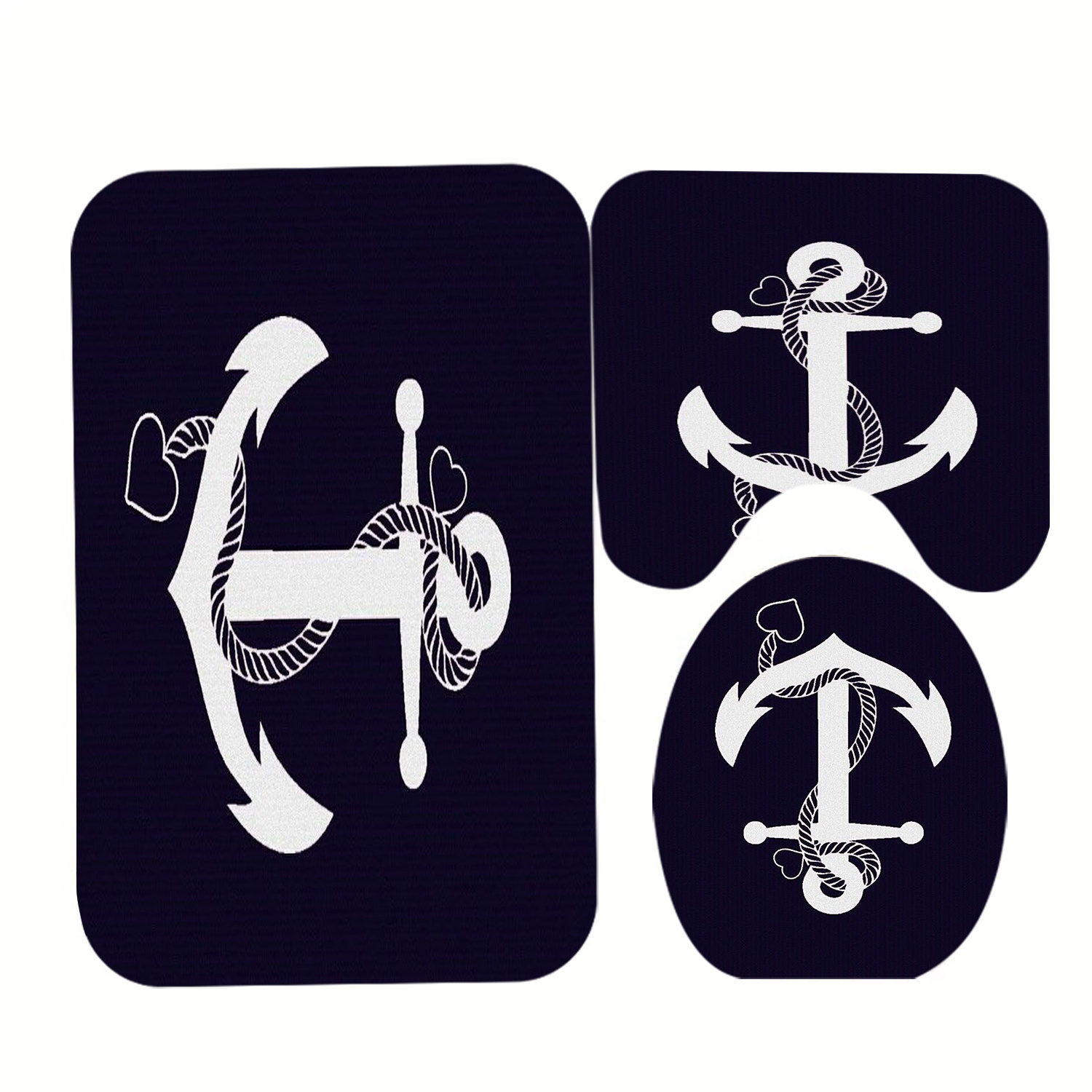 TEMU 3pcs Nautical Anchor Printed Bathroom Rug Set - Made Of Non-slip Flannel Material, Including A U-shaped Toilet Seat Cover And 2 Decorative Rugs.