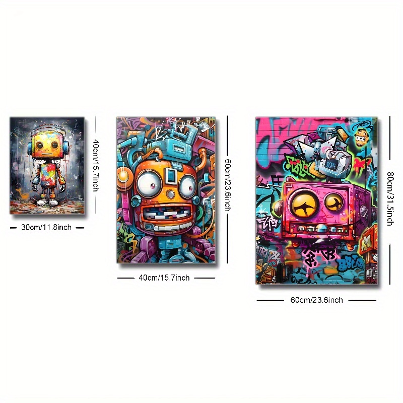 3pcs Framed Canvas Art - Vibrant Graffiti Robot & Space-Themed Wall Decor with Pine Wood Frame, Perfect for Living Room, Bedroom, Cafe, or Bar, Indoor/Outdoor Use, Indoor Wall Decor | Vibrant Wall Art | Wrapped Canvas Frame, Wall Art Decor