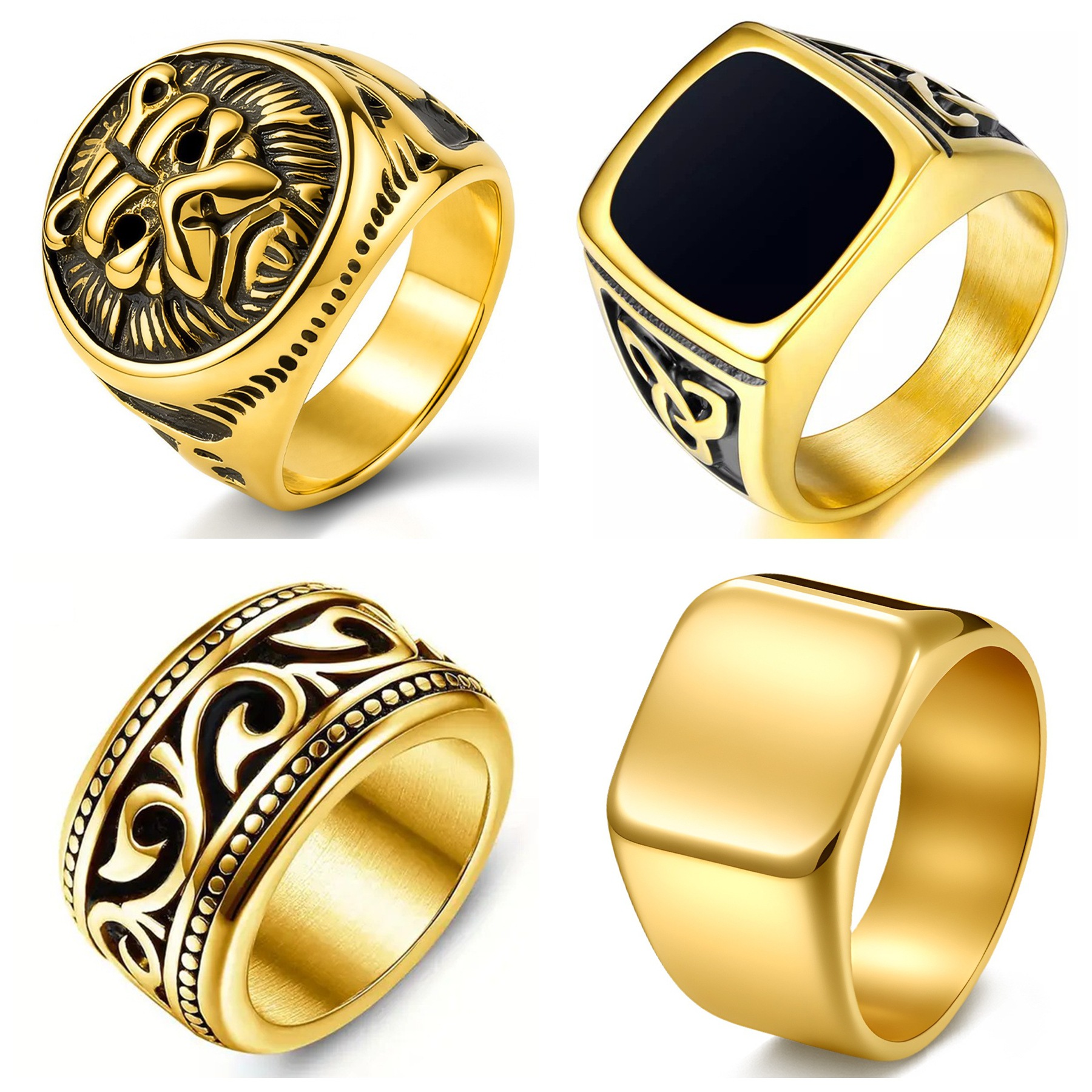 TEMU 4pcs 304 Stainless Steel Vintage Signet Rings For Men Square Signet Rings Cuban Link Chain Ring Celtic Band Spinner Ring Silvery Golden Polished