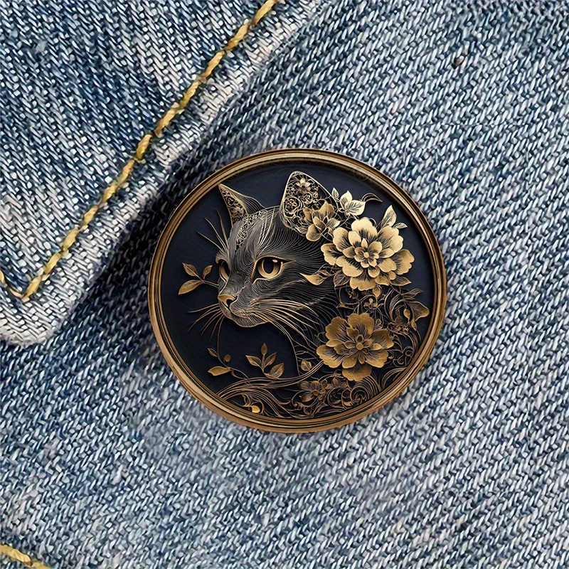 TEMU 1pc Elegant Cat Floral Golden Resin Round Brooch Badge Perfect For Backpacks, Hats, Clothes, Shoes, And Boots Decoration