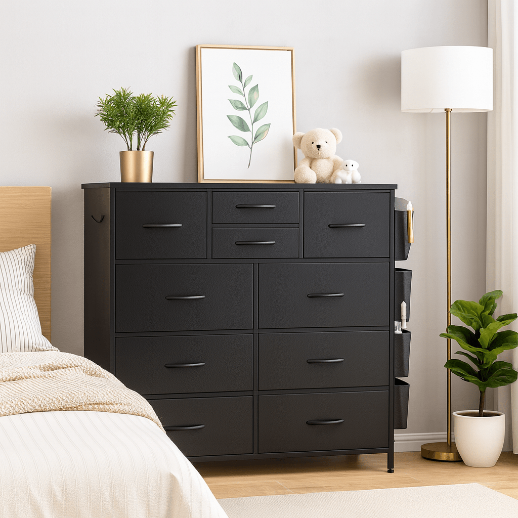 10-Drawer Storage Cabinet with Side Pockets | Wardrobe Organizer Boxes, Suitable for Bedrooms, Entryways, Living Rooms, Black, Contemporary Style, Hardwood and Particle Board Material, OLIXIS Brand