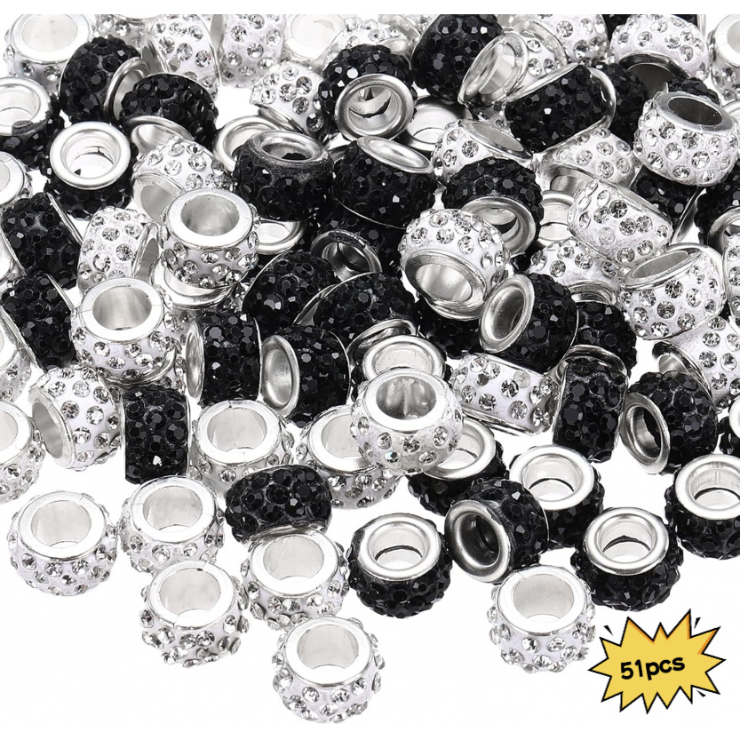 TEMU Lot de 21/51 perles strass à grand trou - 11 mm noires et blanches, adaptées à la fabrication de bijoux DIY, perles de bracelet avec capuchons