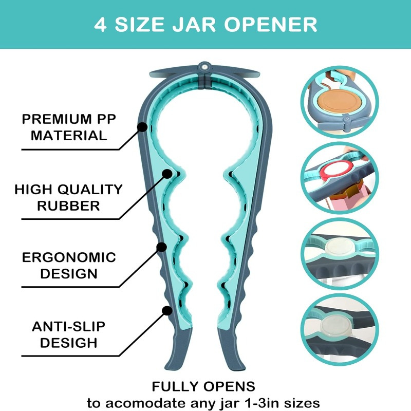 Blue And Grey Ergonomic Jar, Bottle, And Can Opener Measuring 22.0Cm by 9.5Cm - Designed for Easy Gripping, Ideal for Individuals with Weak Hands And Low Strength - a Versatile Kitchen Tool Featuring Measurement Markings And a Hand Protector.
