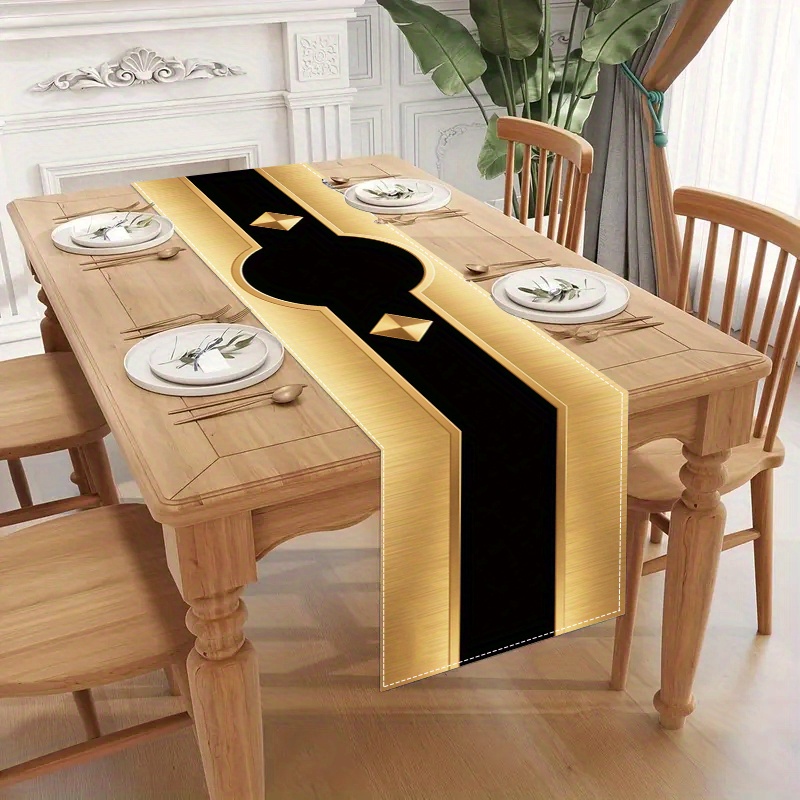 TEMU 1pc, 2d Flat Runner, , Black And Golden Geometric Pattern, Simple Pattern, Rectangular Table Decoration Cloth, Suitable For Dining Room And