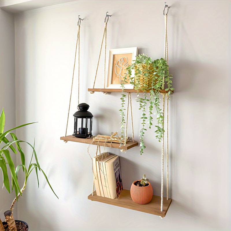 Image of 3-tier Adjustable Wall-mounted Wooden Shelf With Metal Chains - Rustic Floating Shelves With Rope Suspension For Plants, Books & , Ideal For Living Room Or Bedroom Decor