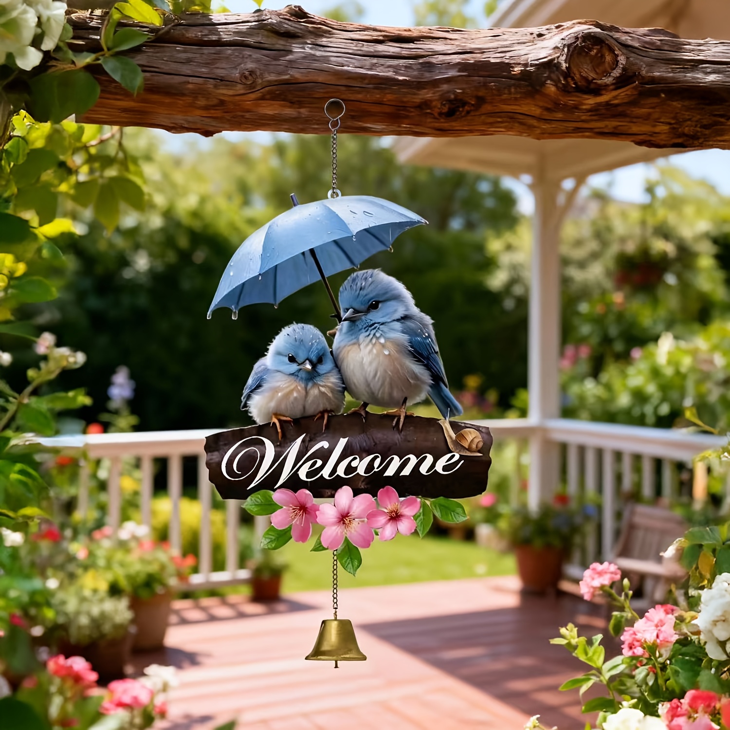 Image of 14-inch/36cm Outdoor Decor With Umbrella-shaped Bell & Hanging Plastic Bird Pair - Suitable For, Balcony, Decoration, Welcome Ornament For Courtyard, Soothing Sound Gift For Bird Lovers, 2d Flat